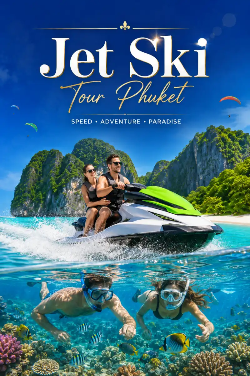 Jet Ski Tour Phuket with snorkeling, tropical island scenery, turquoise water and coral reef