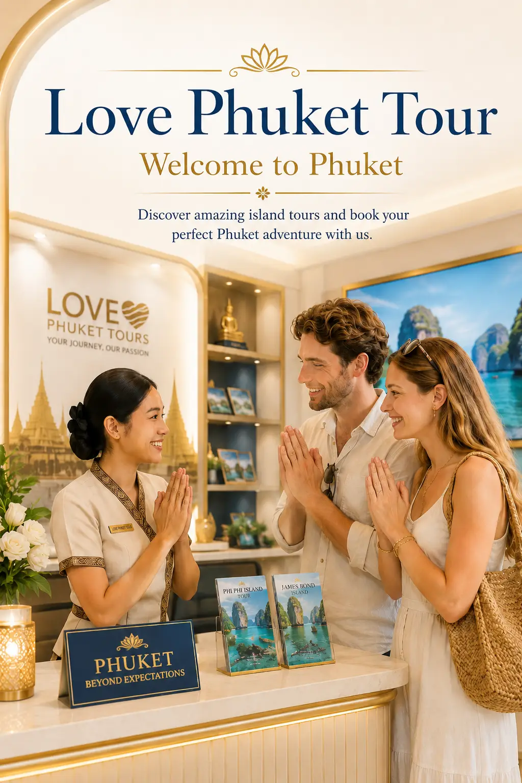 Love Phuket Tour welcome to Phuket with Thai tour staff greeting travelers in a Phuket tour office
