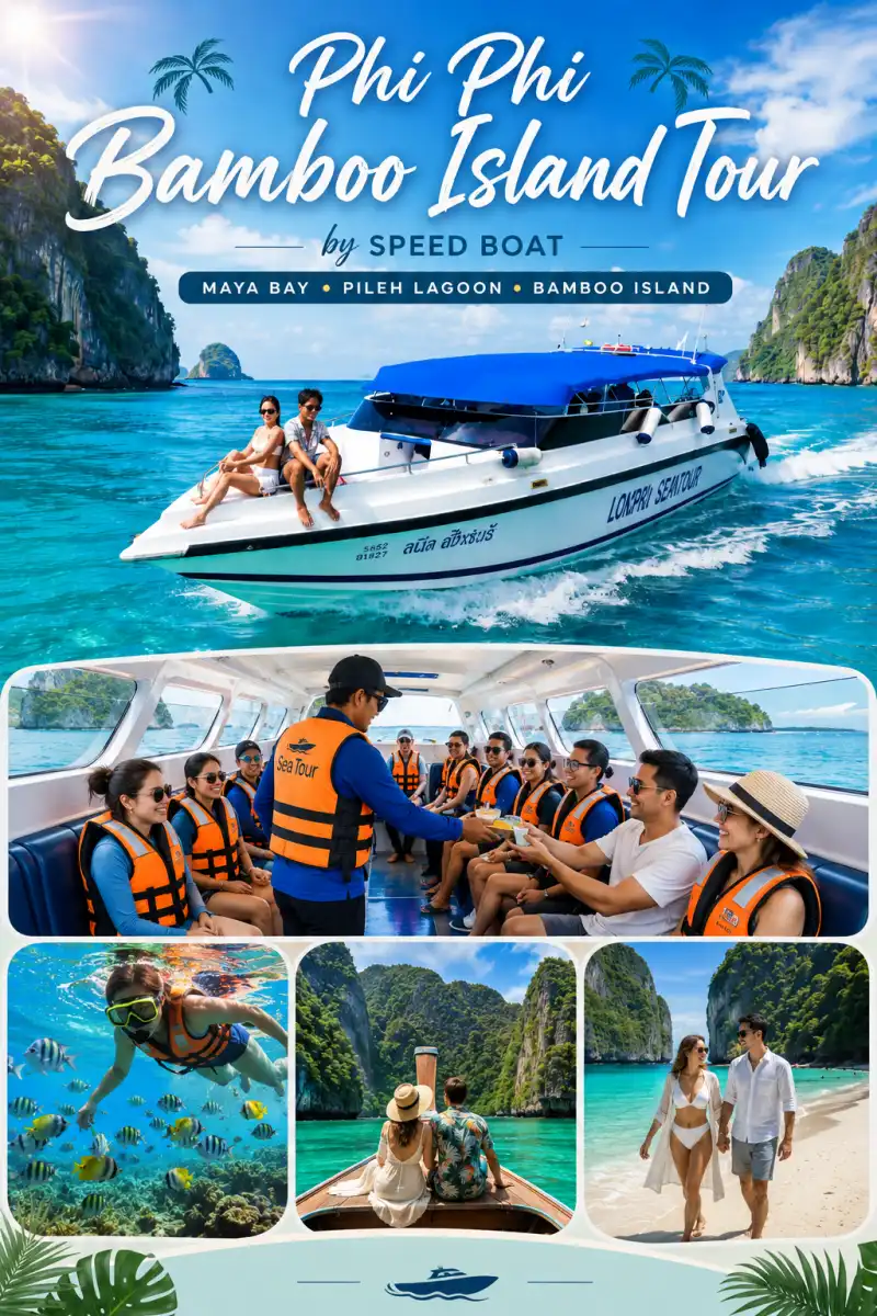 PP8 Phi Phi Bamboo Island Tour from Phuket by speedboat with Maya Bay, Pileh Lagoon, Bamboo Island, snorkeling and onboard guide service