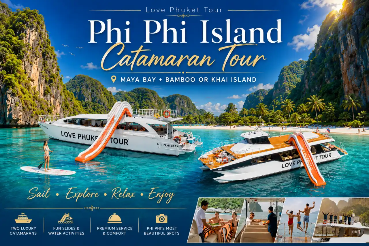 Phi Phi Catamaran with Slide from Phuket at Maya Bay with water activities
