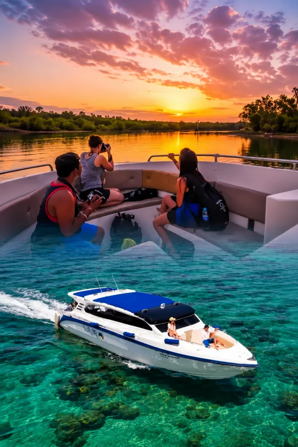 Phi Phi Island Sunrise Tour from Phuket with guests traveling by speedboat at sunrise