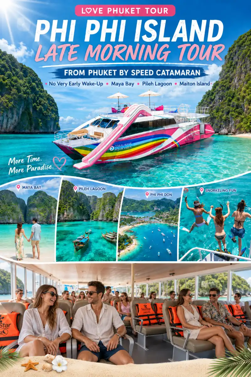 Phi Phi Island Late Morning Tour from Phuket by speed catamaran with Maya Bay, Pileh Lagoon, Maiton Island, snorkeling and onboard seating