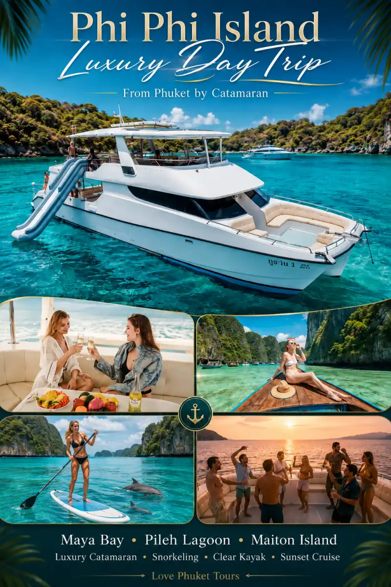 Phi Phi Island luxury day trip from Phuket by catamaran featuring Maya Bay, Pileh Lagoon, Maiton Island, water activities and a sunset cruise