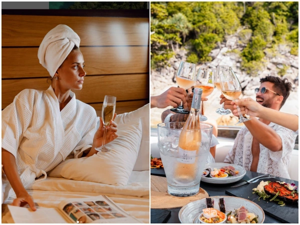 Guest relaxing in a private cabin and enjoying gourmet lunch on the Phi Phi luxury yacht