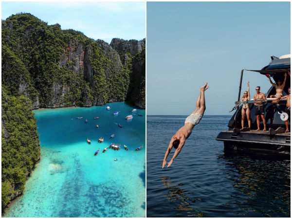 Aerial view of Pileh Lagoon and a guest diving from the Phi Phi luxury yacht