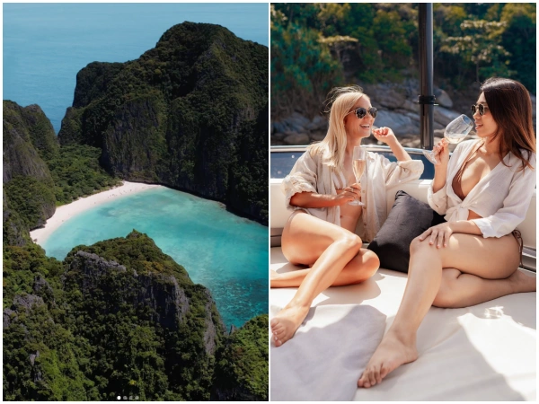 Maya Bay and two guests relaxing with drinks on the Phi Phi luxury yacht