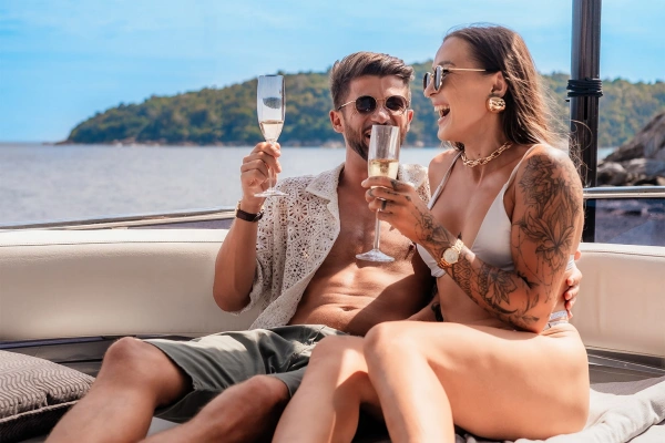 Guests enjoying a premium private luxury yacht day trip from Phuket