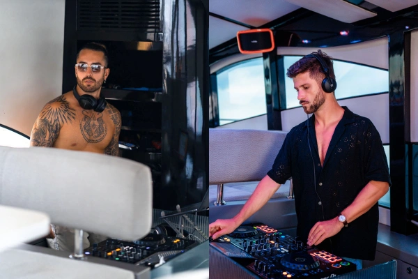 DJ team mixing music onboard the Phi Phi Island luxury yacht from Phuket