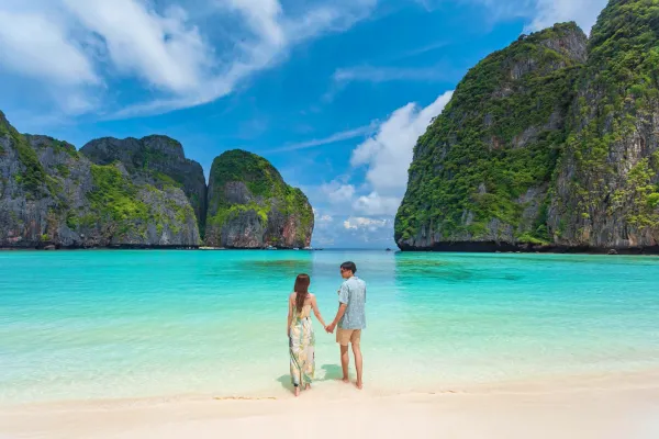Couple visiting Maya Bay during the Phi Phi Island Late Morning Tour from Phuket
