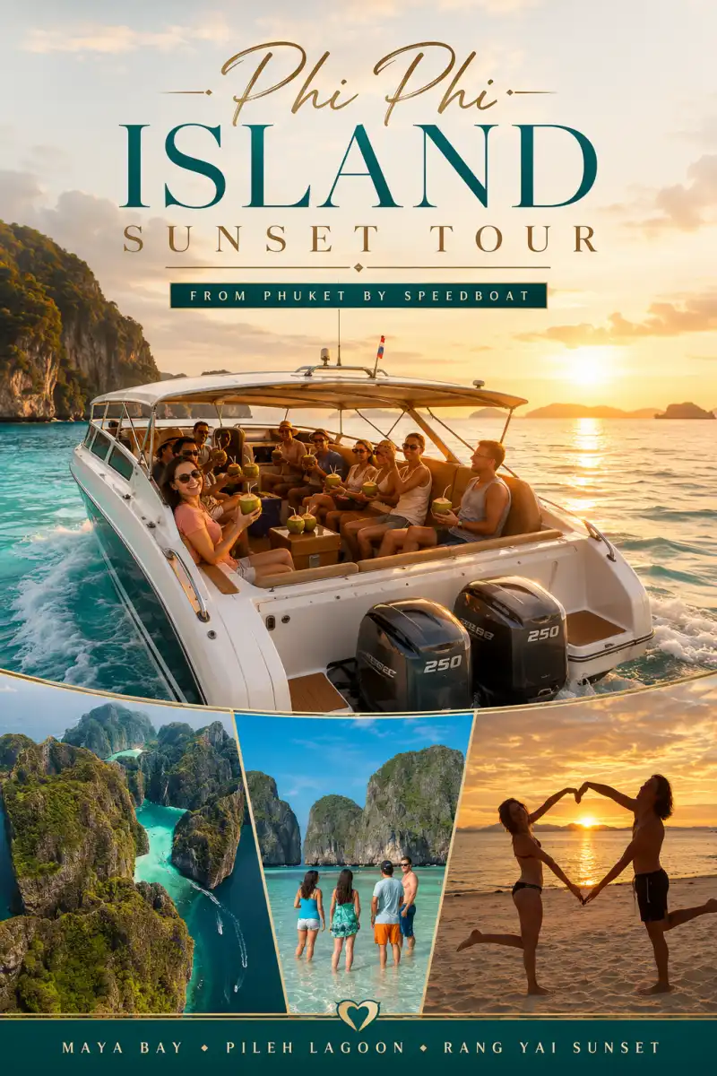 Phi Phi Island Sunset Tour from Phuket by speedboat with Maya Bay, Pileh Lagoon, Rang Yai sunset, island sightseeing and onboard seating