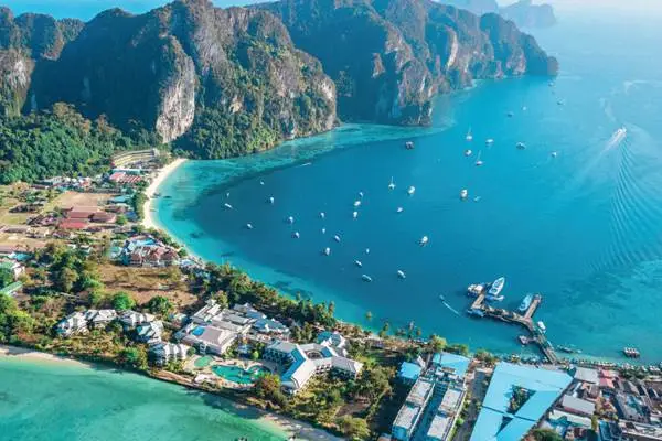 Aerial view of Phi Phi Don Island with turquoise water and limestone cliffs