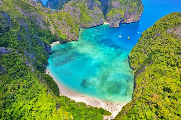 Aerial view of Maya Bay on Phi Phi Island tour by premium speed catamaran from Phuket