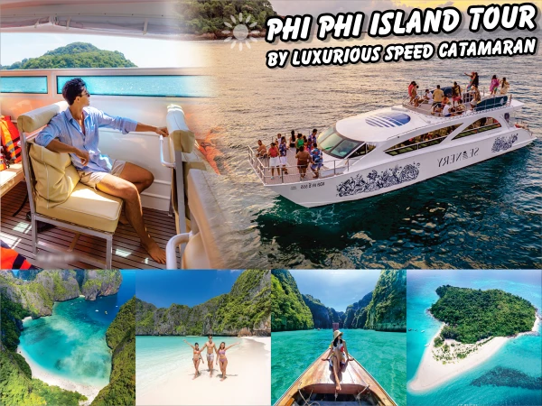 Phi Phi Island Tour by Luxurious Speed Catamaran from Phuket featuring the boat, Maya Bay, Pileh Lagoon and Bamboo Island
