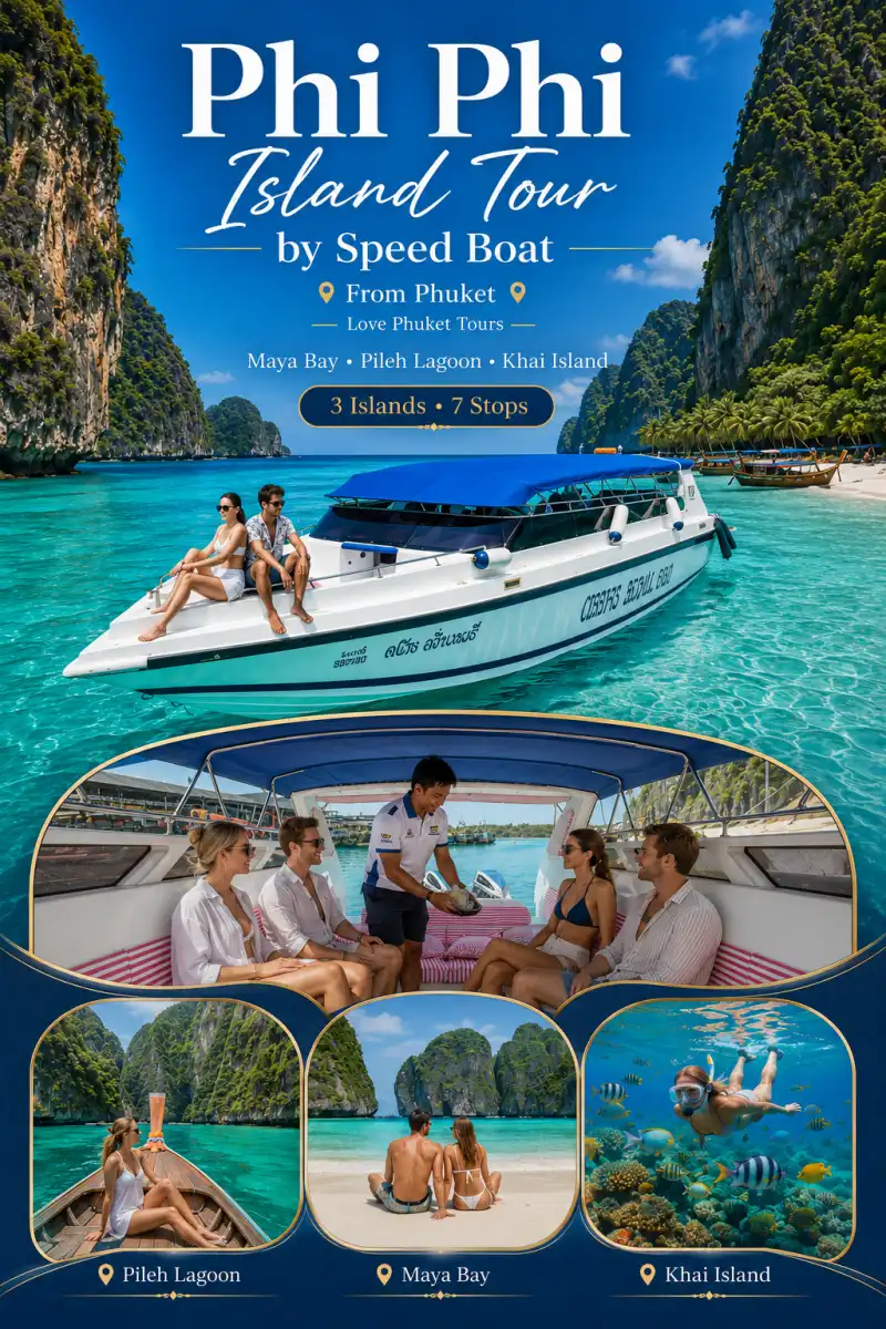 PP10 Phi Phi Island Tour from Phuket with Khai Island by speedboat, Maya Bay, Pileh Lagoon, snorkeling, 3 islands and 7 stops
