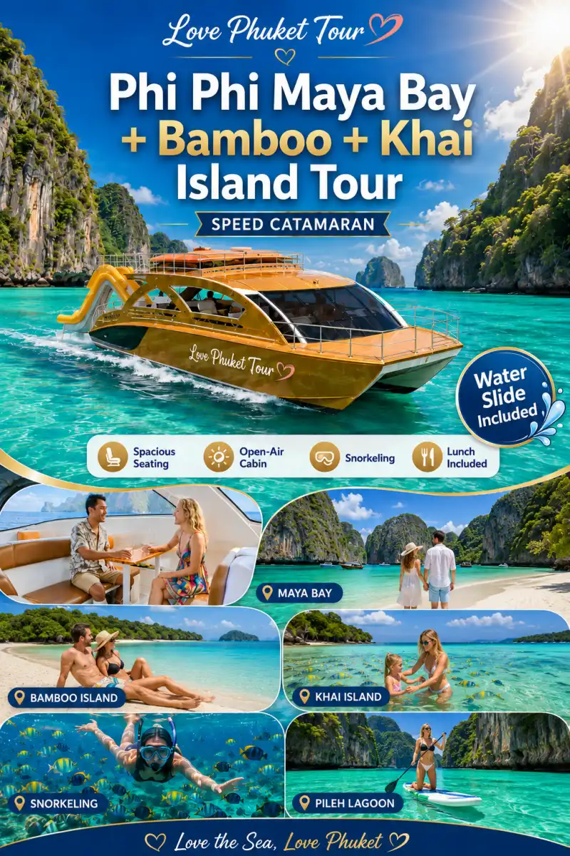 Phi Phi Island Tour from Phuket by speed catamaran to Maya Bay Bamboo Island Khai Island with snorkeling and water slide