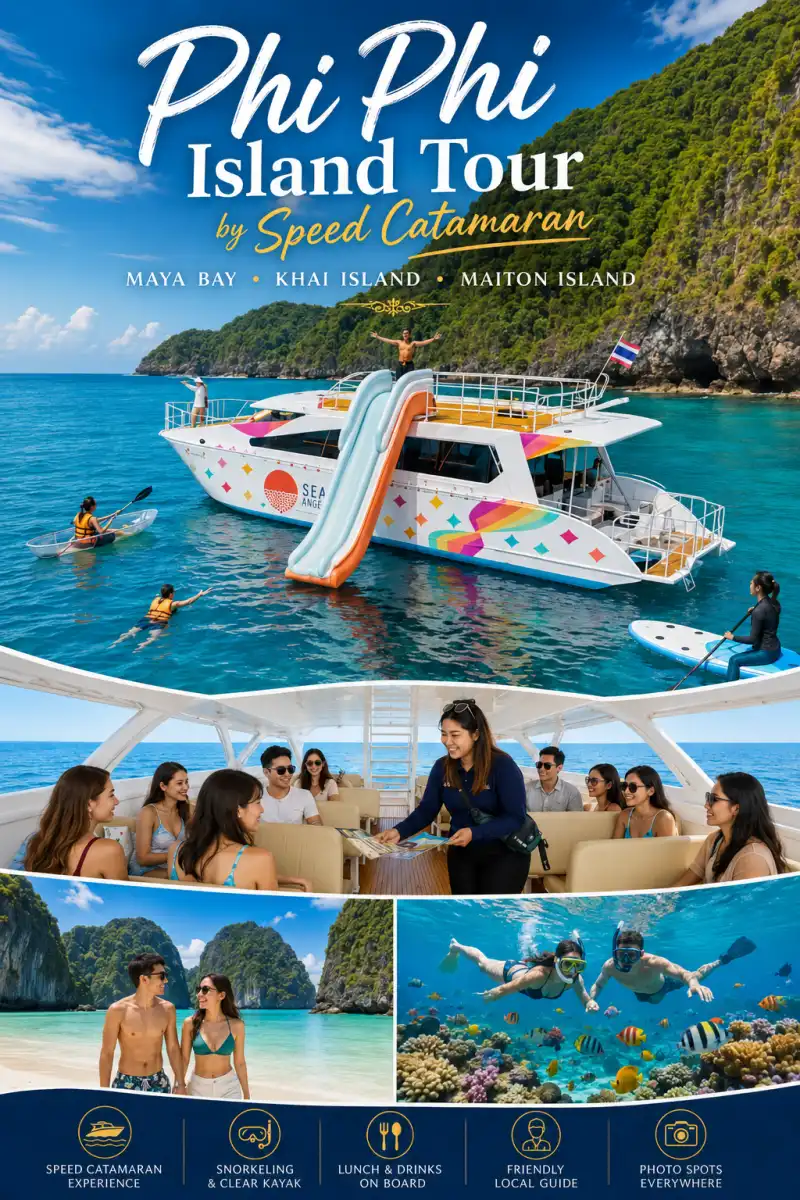 PP7 Phi Phi Island Tour from Phuket by value speed catamaran with Maya Bay, Khai Island, Maiton Island, snorkeling, clear kayak and onboard lunch