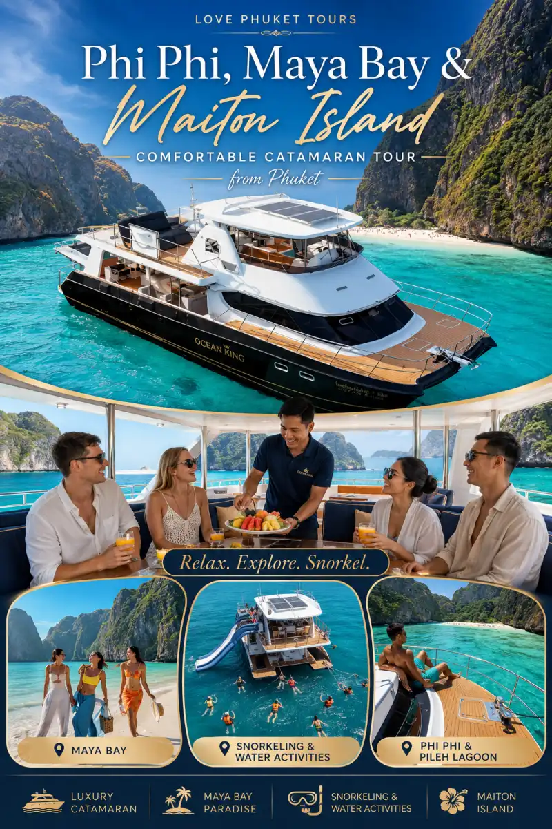 Phi Phi Maya Bay and Maiton Island comfortable catamaran tour from Phuket with snorkeling water activities and Pileh Lagoon