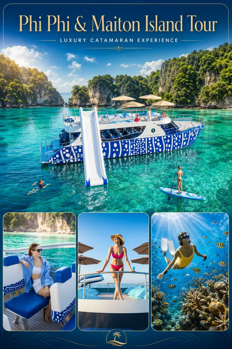 Phi Phi and Maiton Island Tour by Catamaran from Phuket with Maya Bay, Pileh Lagoon, Maiton Island, snorkeling, paddleboard and water slide