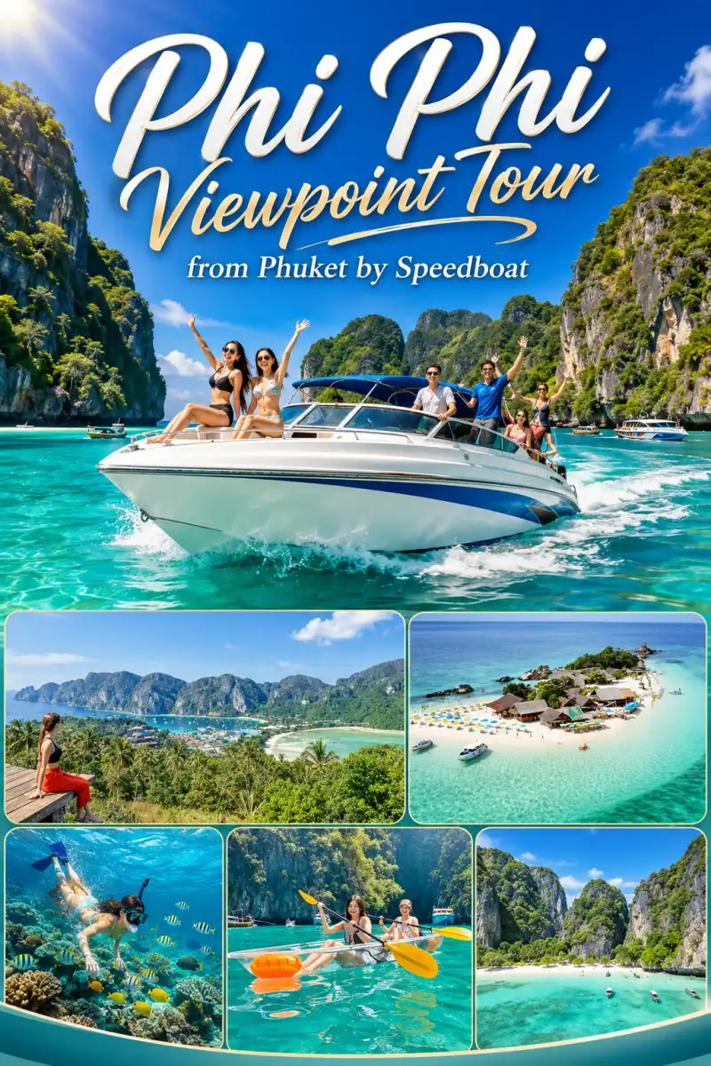 Phi Phi Island Viewpoint Tour from Phuket by speedboat poster with Phi Phi Don Viewpoint, Khai Island, snorkeling, kayaking and Maya Bay