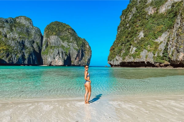 Traveler at Maya Bay during the Phi Phi James Bond Krabi 2 day tour from Phuket