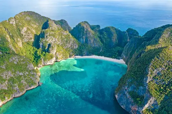 Aerial view of Maya Bay and limestone cliffs on Phi Phi Leh Island
