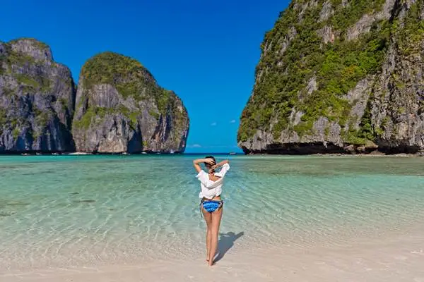 Traveler enjoying Maya Bay beach during a Phi Phi Island tour from Phuket