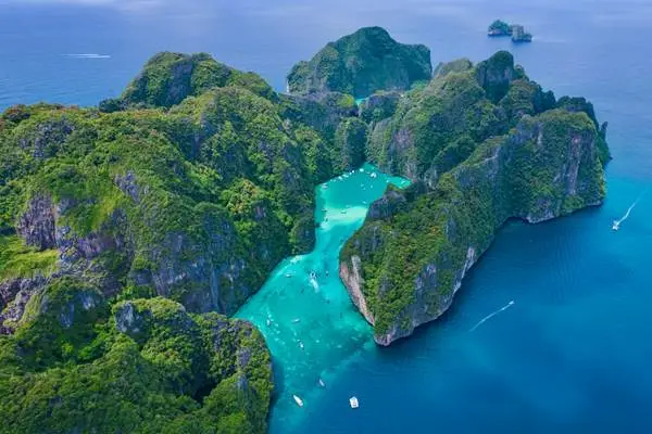 Aerial view of Phi Phi Leh and turquoise lagoons on the Phi Phi Bamboo and Khai Island Tour from Phuket