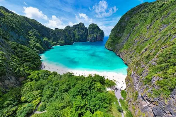 Maya Bay and limestone scenery on the Phi Phi Bamboo and Khai Island Tour from Phuket