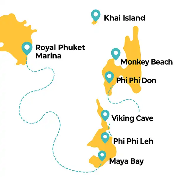 Phi Phi Catamaran Tour route map from Royal Phuket Marina to Maya Bay, Pileh Lagoon, Phi Phi Don and Khai Island