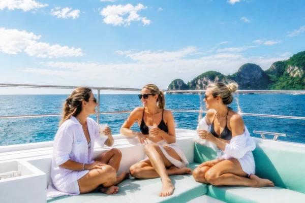 Power catamaran departing from the pier for the Phi Phi Islands from Phuket
