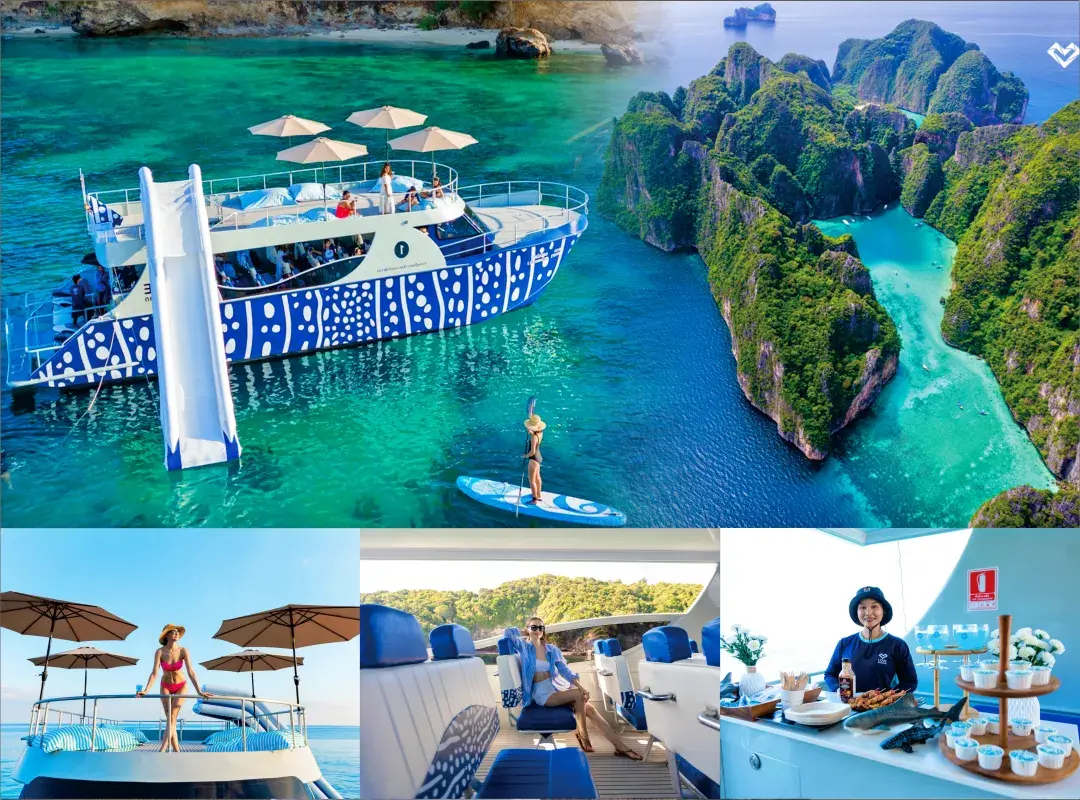 Phi Phi and Maiton Island tour by catamaran from Phuket cruising through turquoise water