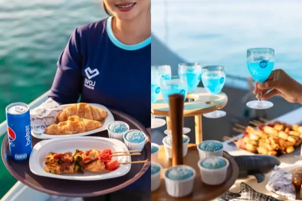 Onboard snack bar service during the Phi Phi and Maiton Island catamaran tour from Phuket