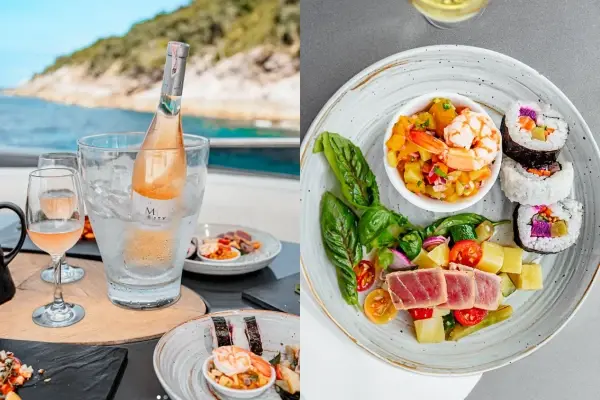 Gourmet lunch with sushi, seared tuna and sparkling wine on the Phi Phi luxury yacht