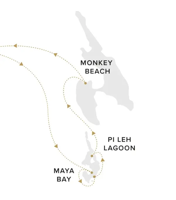 Phi Phi yacht tour route map showing Maya Bay, Pileh Lagoon and Monkey Beach