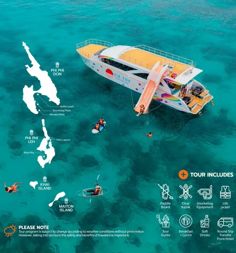 Phi Phi Maya Bay Khai Maiton Island Tour route map and speed catamaran activities