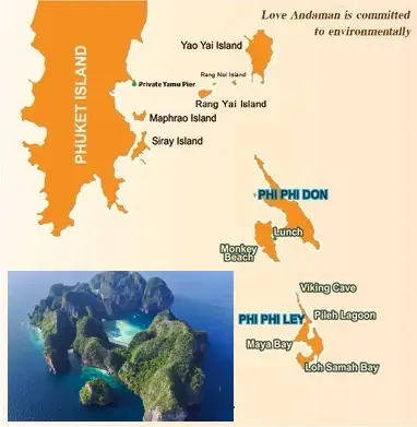 Route map for the Phi Phi Island Sunset Tour from Phuket showing Yamu Pier, Phi Phi Don, Phi Phi Leh, Maya Bay, Pileh Lagoon and Rang Yai Island