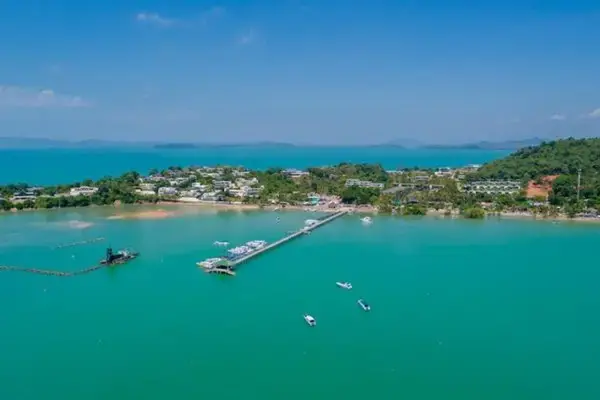 Aerial view of Yamu Pier departure area for the Phi Phi Island Sunset Tour from Phuket