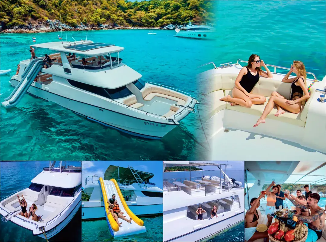 Phi Phi Island luxury catamaran tour price 2026 from Phuket featuring a power catamaran with waterslide and spacious decks