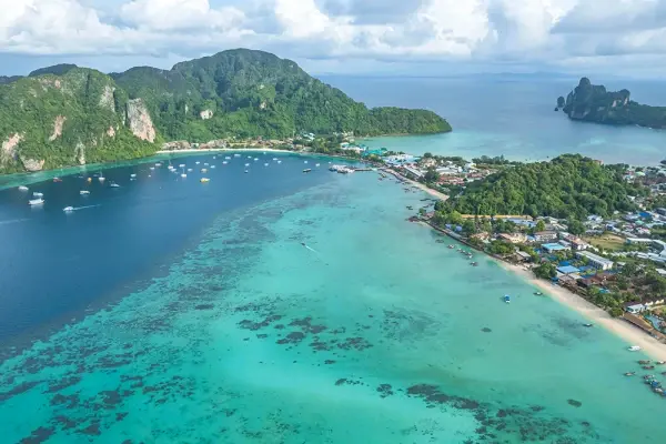 Aerial view of Phi Phi Don Island during the Phi Phi Catamaran Tour from Phuket
