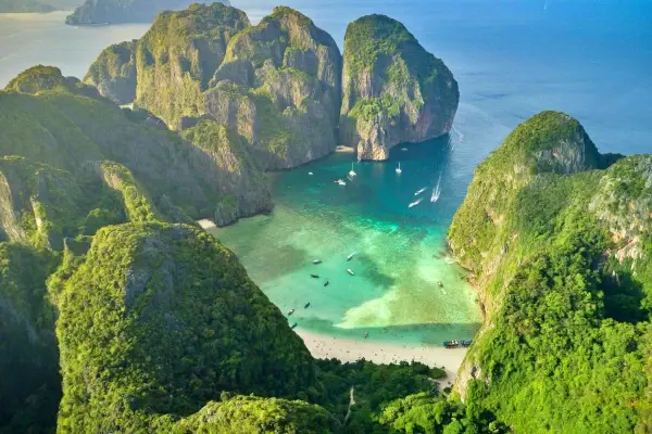 Aerial view of Maya Bay during the Phi Phi Island Late Morning Tour from Phuket