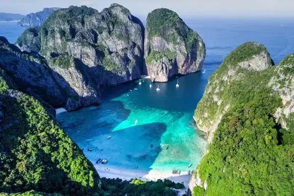 Aerial view of Maya Bay during the Phi Phi Island Sunrise Tour from Phuket