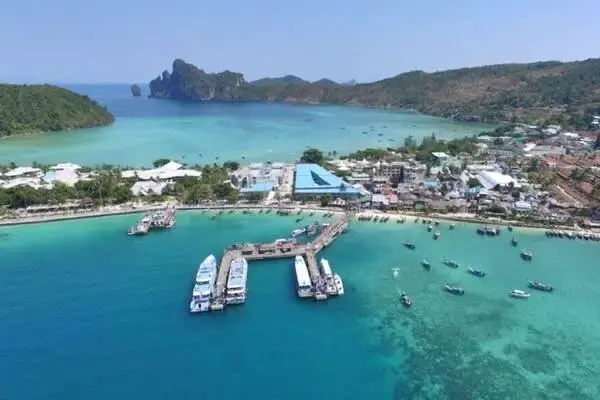 Aerial view of Tonsai Pier and Tonsai Bay on Phi Phi Don during a Phi Phi Island cruise tour