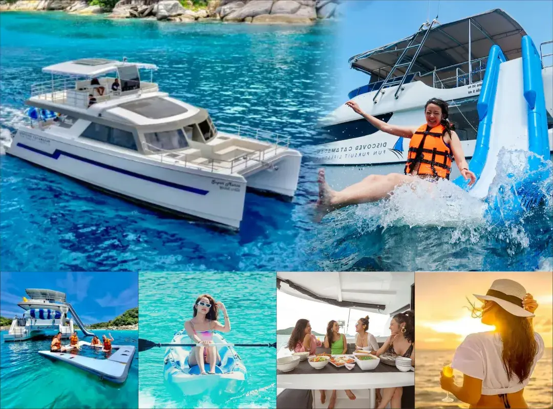 Phi Phi Island Tour by Power Catamaran from Phuket cruising through turquoise water near the Phi Phi Islands