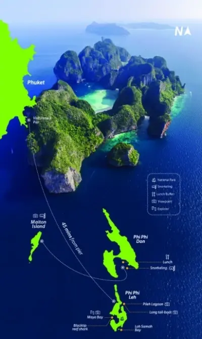 Route map for Phi Phi Maya Bay and Maiton Island catamaran tour from Phuket