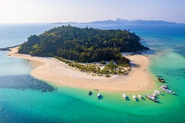 Aerial view of Bamboo Island during the PP3 Phi Phi Luxury Speed Catamaran Tour from Phuket