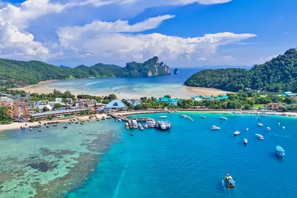 Aerial view of Tonsai Bay and Phi Phi Don Island during the Phi Phi Island Sunset Tour from Phuket