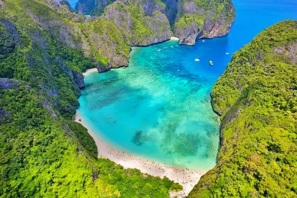 Aerial view of Pileh Lagoon during the Phi Phi Island Sunrise Tour from Phuket