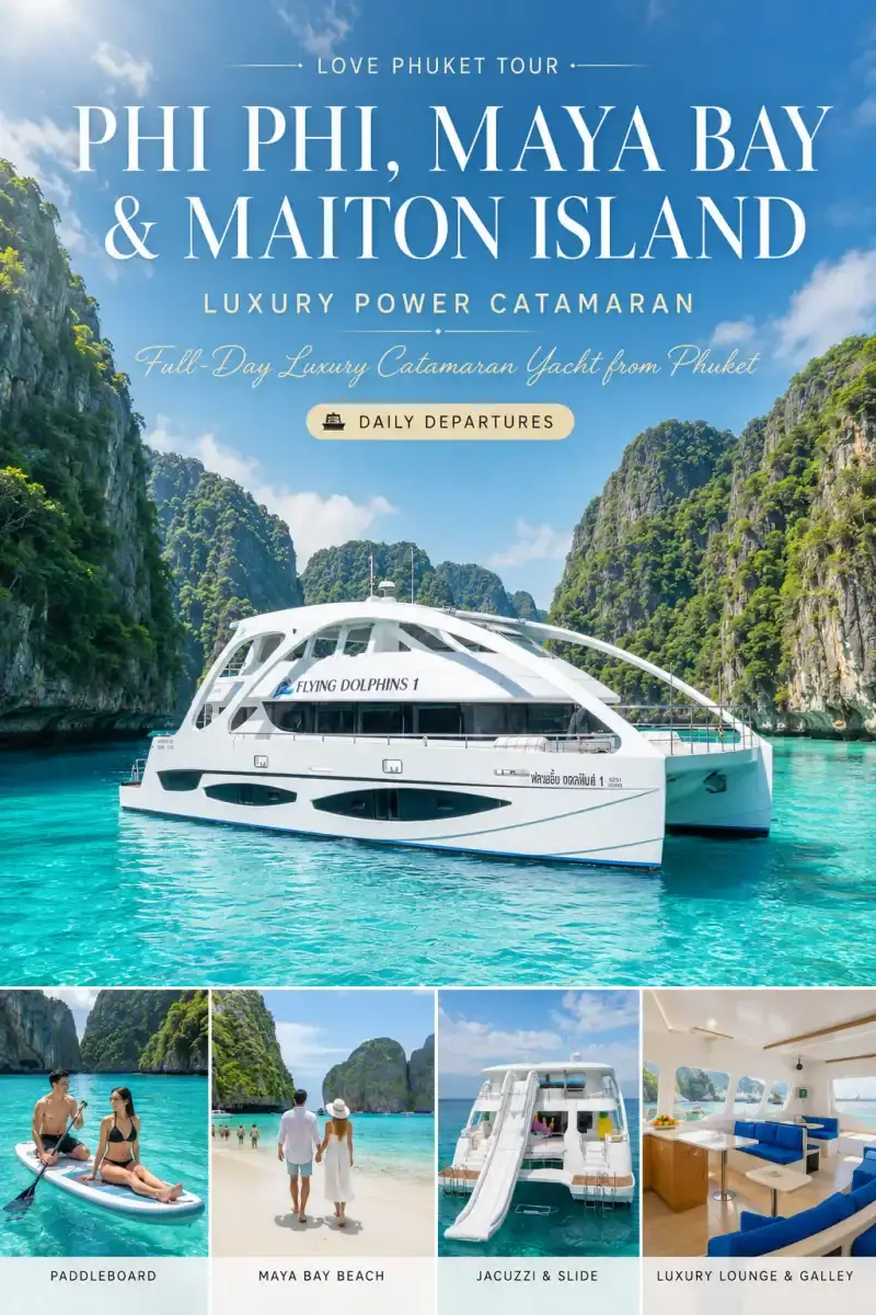 PP26 Phi Phi Island Tour from Phuket by luxury power catamaran with Maya Bay, Maiton Island, paddleboard, jacuzzi slide and onboard lounge