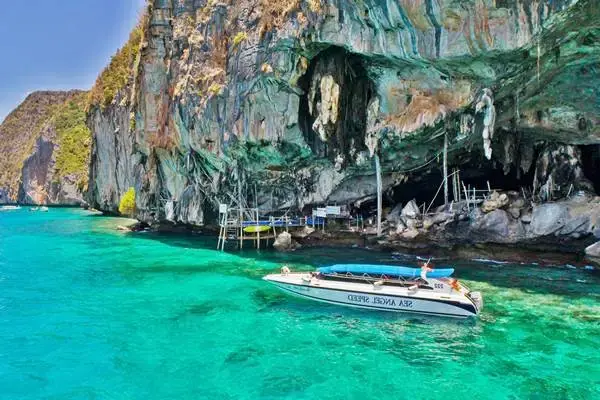 Viking Cave sightseeing and photo stop on the Phi Phi Maya Bay speedboat tour from Phuket