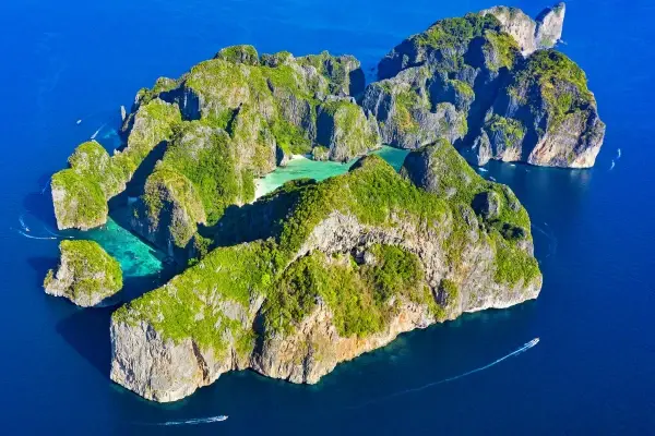 Aerial view of the Phi Phi Islands and turquoise lagoons during the Phi Phi Bamboo Island Tour